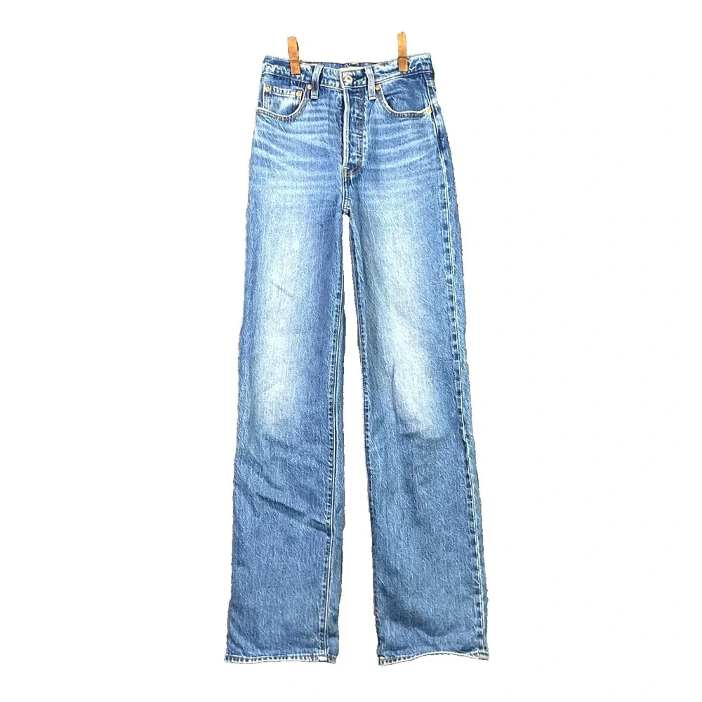Levi's Ribcage Straight Jeans Womens 24 Blue Denim Premium Medium Wash Grunge